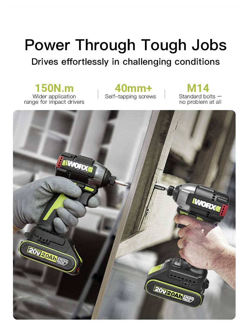 Annonce montrant deux perceuses à percussion sans fil WORX perçant du bois, promouvant « Réalisez les travaux difficiles » avec un couple de 150N.m, des vis de 40 mm+ et des boulons M14.