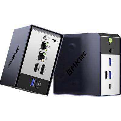 Mini PC GEEKTEC compact présenté sous deux angles, avec les ports Ethernet, HDMI, USB-A, USB-C et le bouton d'alimentation visibles sur la face avant et le côté.