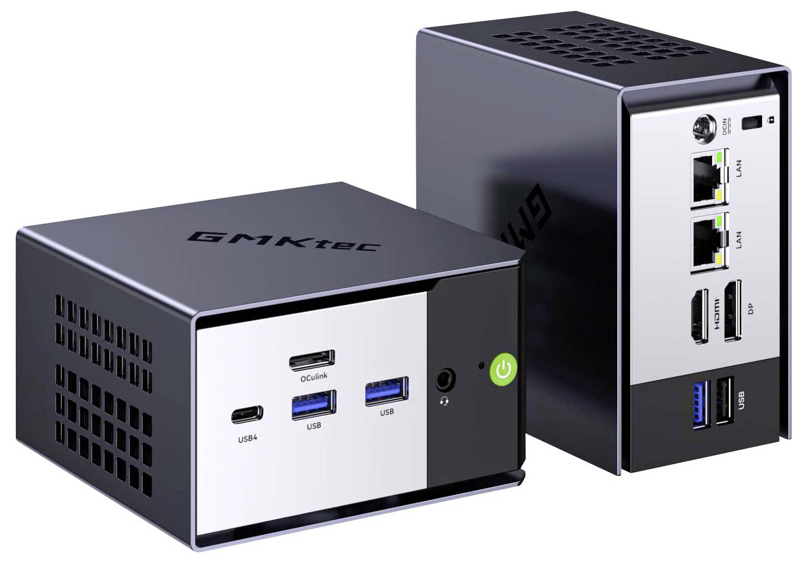 Deux mini PC noirs compacts présentés de face et de l'arrière, avec des ports USB-C, USB-A, HDMI, Ethernet, audio et bouton d'alimentation visibles.