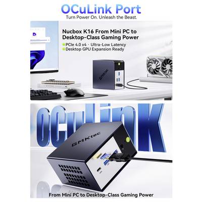 Graphique promotionnel pour le port OCuLink montrant le mini PC GMKtec Nucbox K16 comme une amélioration de puissance de jeu de classe bureau avec PCIe 4.0 x4, une latence ultra-faible et support d'expansion GPU.