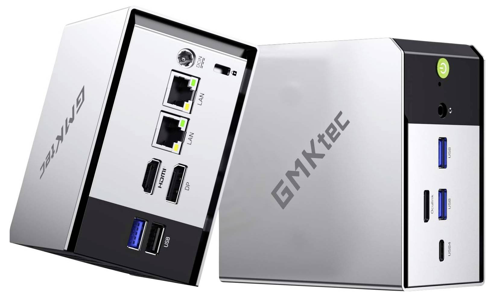 Deux mini PC compacts en argent GMKtec présentés sous des angles différents, chacun avec des ports arrière/latéraux incluant HDMI, USB, Ethernet et bouton d'alimentation.