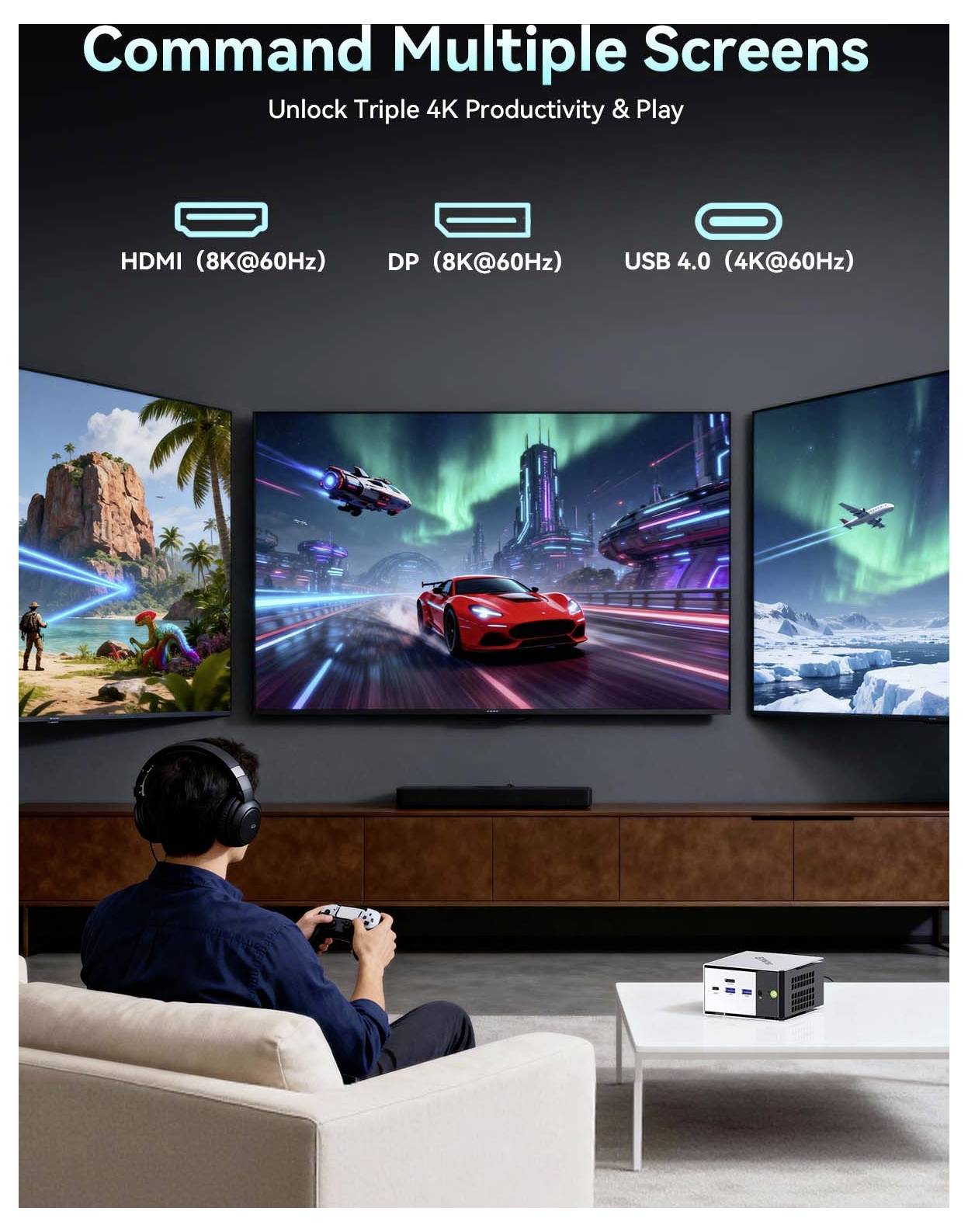 Image promotionnelle d'une personne jouant sur un canapé avec trois écrans 4K ; le texte met en évidence « Contrôlez plusieurs écrans » et la prise en charge HDMI, DP, USB 4.0 4K/8K60Hz.