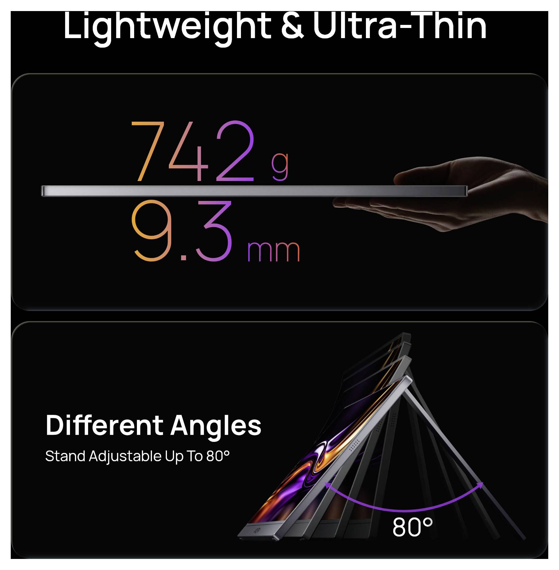 Graphique marketing montrant un appareil ultra-léger et ultra-fin : 742 g et 9,3 mm d'épaisseur, plus un support pliable réglable jusqu'à 80°.