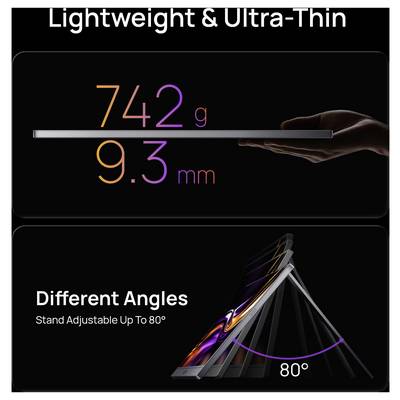 Graphique marketing montrant un appareil ultra-léger et ultra-fin : 742 g et 9,3 mm d'épaisseur, plus un support pliable réglable jusqu'à 80°.