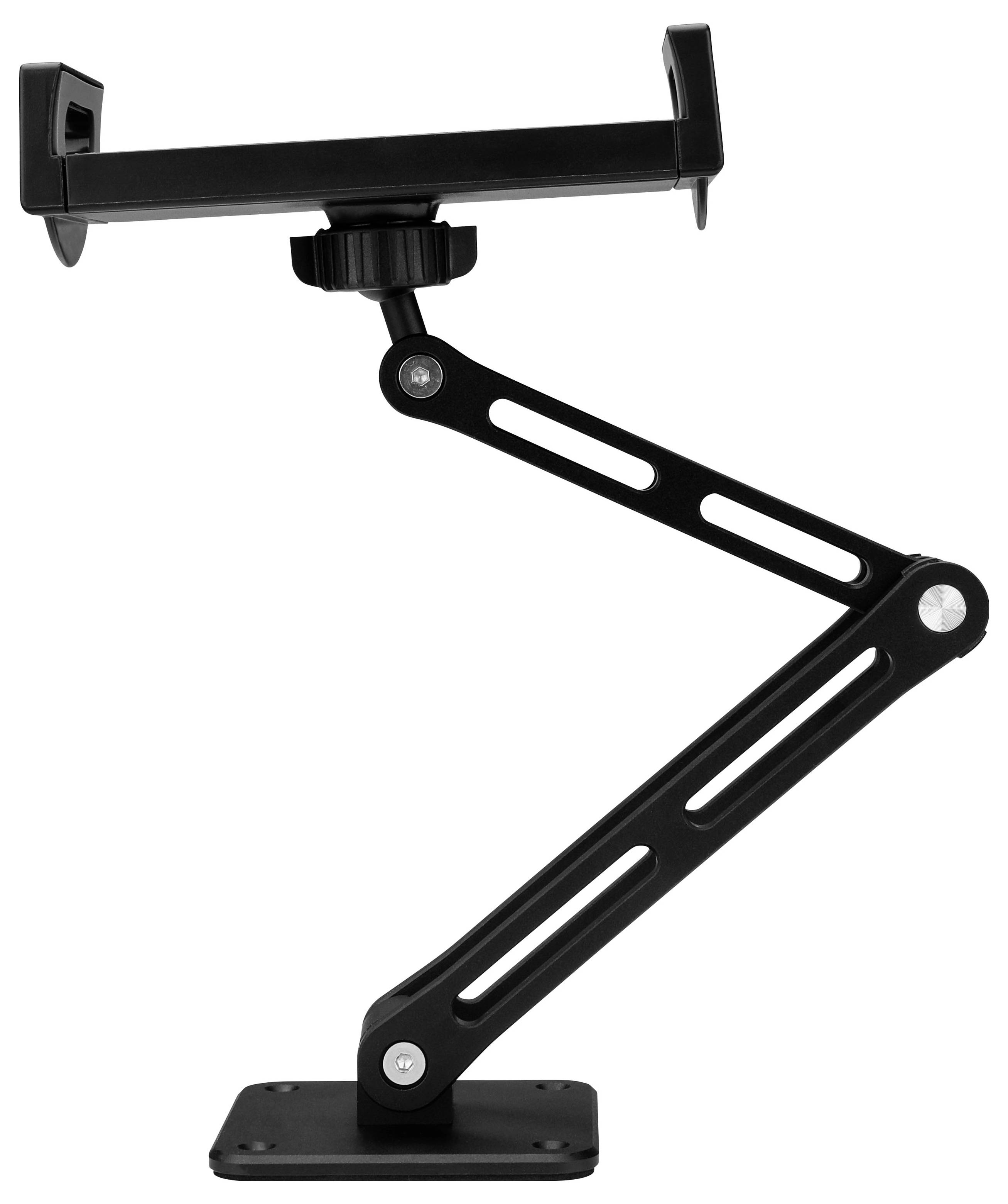 Bras de support ajustable noir pour moniteur ou tablette avec support de type pince et base lestée, présenté sur un fond blanc.