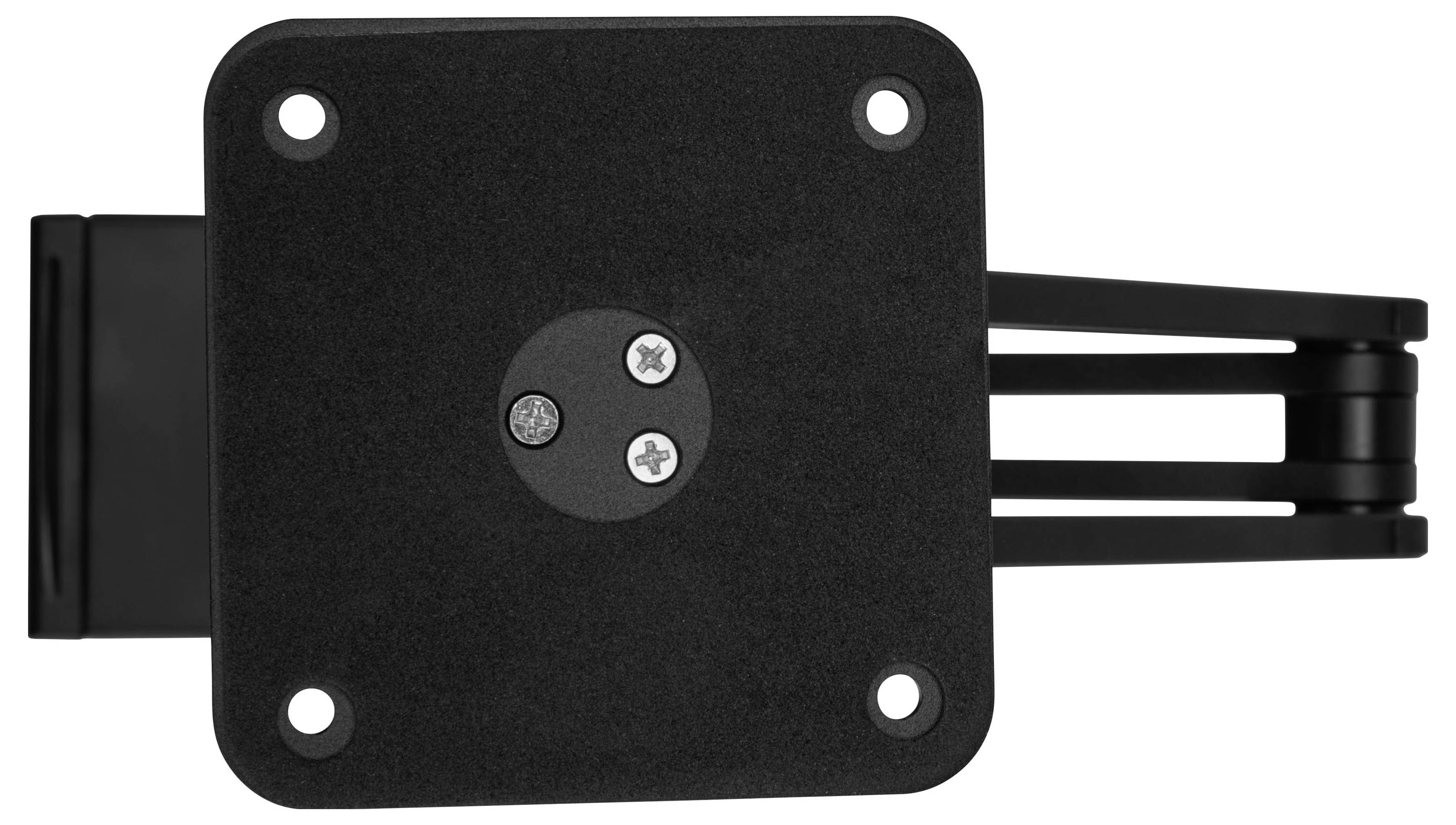 Support mural réglable noir avec plaque carrée, quatre trous d'angle et bras extensible pour téléviseur ou moniteur.