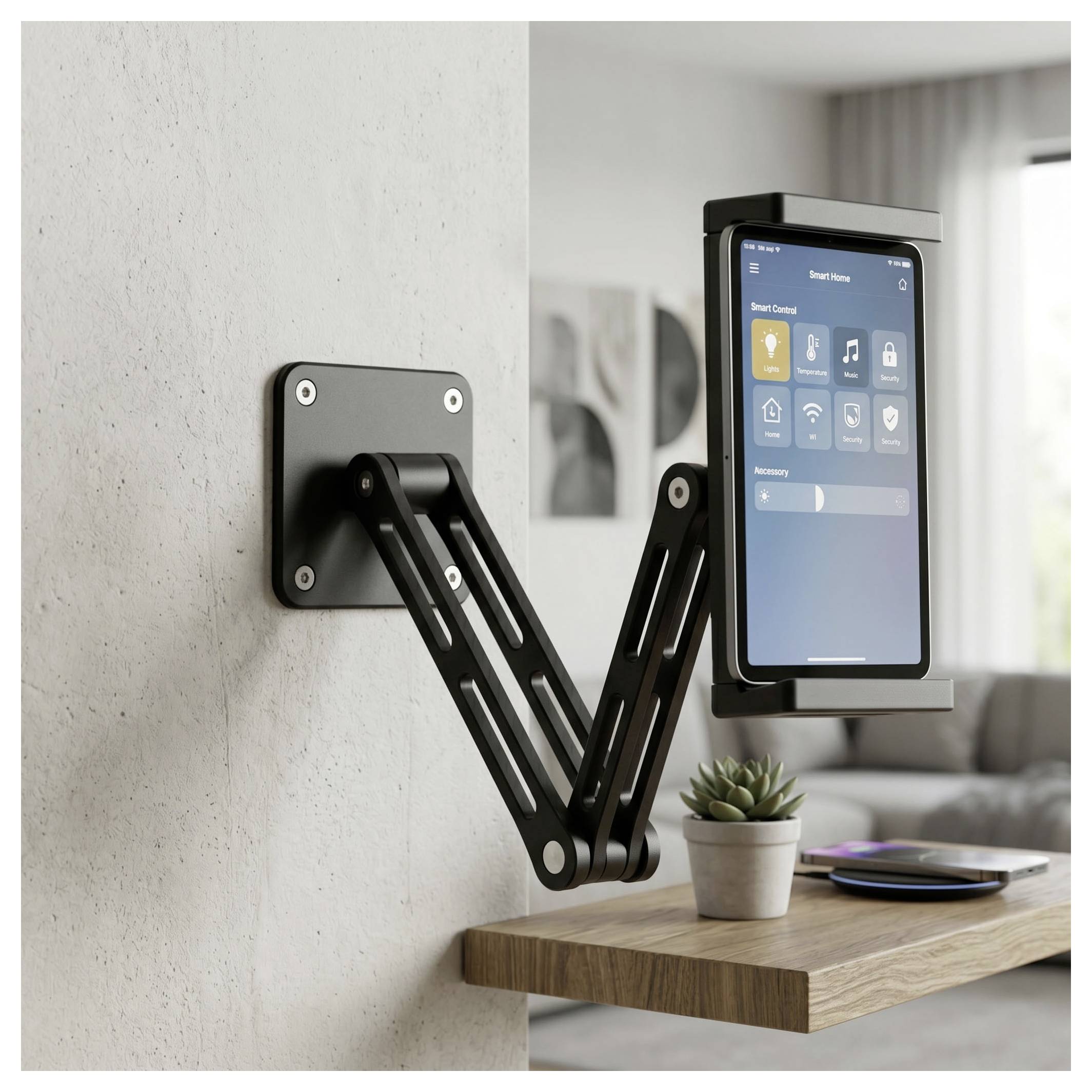Un bras articulé montable sur mur tenant une tablette au-dessus d'un bureau en bois, affichant un écran de contrôle de maison intelligente.