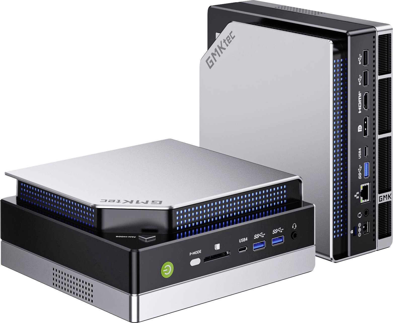 Deux mini PC compacts GMKtec présentés sur un fond blanc, un horizontal à l'avant et un vertical à l'arrière, avec des ports USB et d'alimentation visibles.