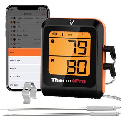 Thermomètre à viande ThermoPro avec double sonde et application sans fil ; l'écran affiche 79°F et 80°F, avec des options de cuisson prédéfinies sur un téléphone à l'arrière.