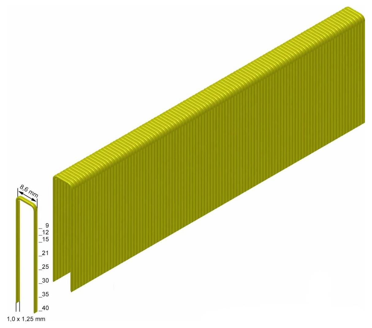 Illustration 3D d'un panneau de clôture en métal de couleur or avec des lattes verticales étroitement espacées ; l'encart montre les dimensions 1,0 x 1,25 mm et un espacement de 8,6 mm.
