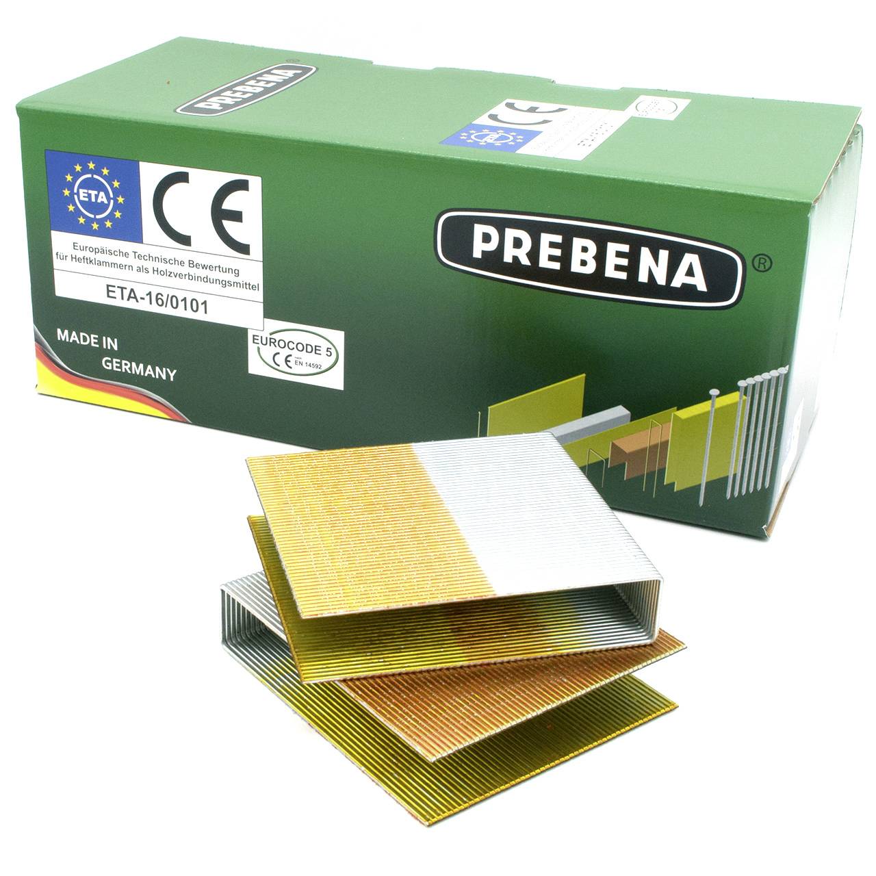 Boîte Prebena de clous avec trois bandes de clous agrafés empilées devant, présentée comme une photo de produit sur fond blanc.