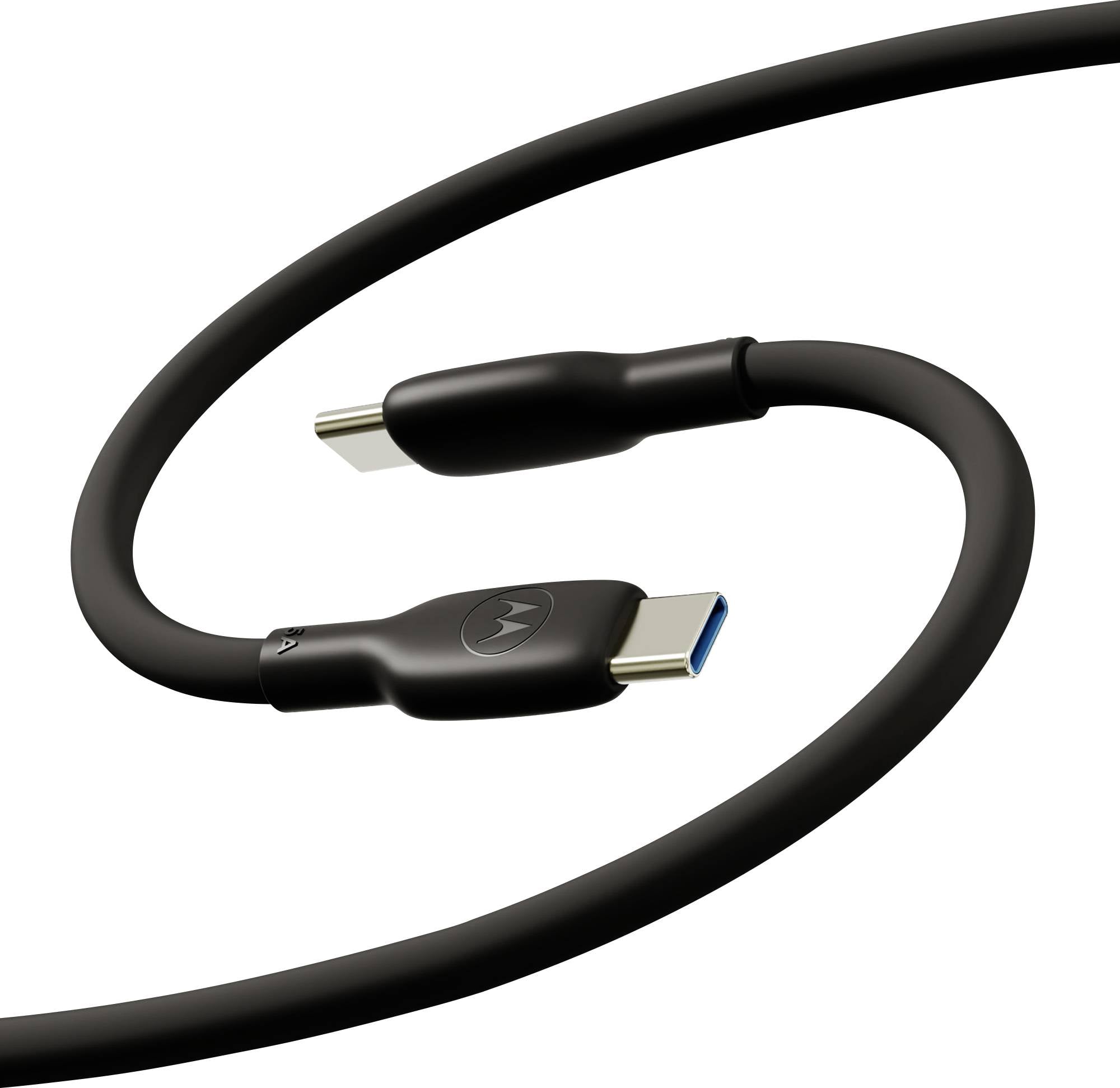Câble USB-C noir avec logos Motorola, présenté enroulé sur un fond blanc, avec un connecteur USB-C et un connecteur plus petit visibles.