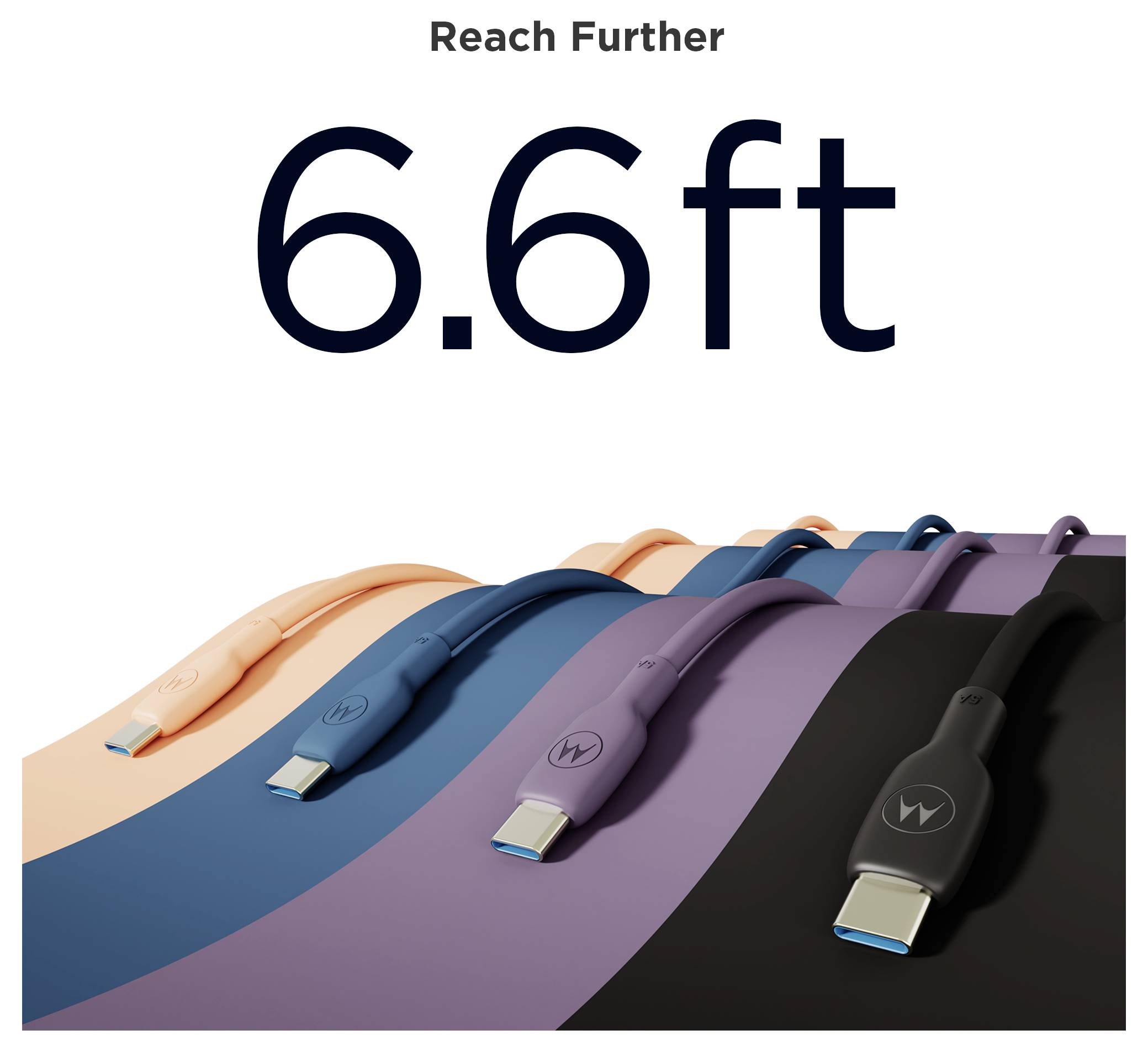 Graphique promotionnel affichant « Atteindre Plus Loin » et « 6,6 pi », montrant plusieurs câbles de recharge USB-C colorés.