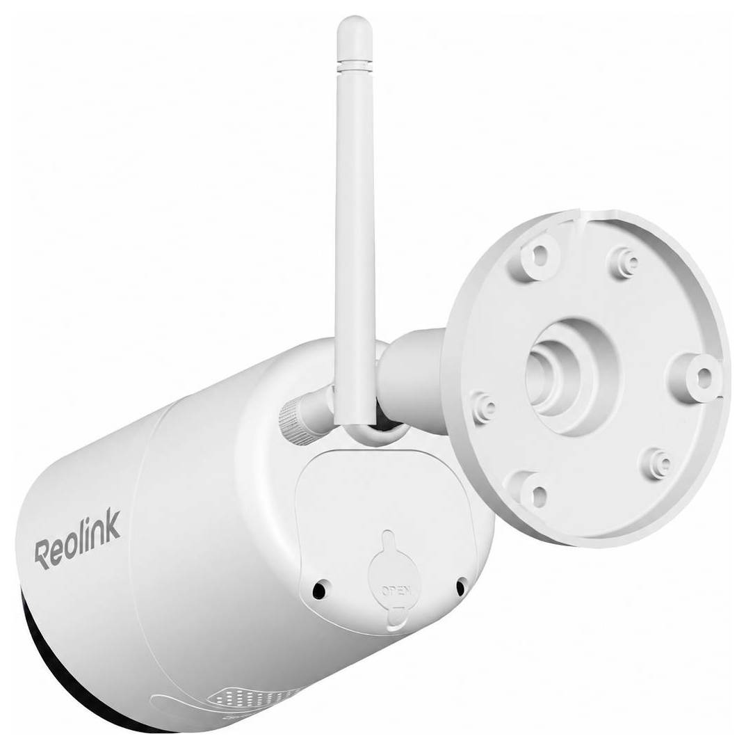 Caméra de sécurité extérieure Reolink blanche avec antenne, montée sur un support contre un fond blanc.