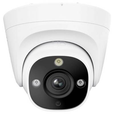 Caméra de sécurité de style dôme blanc avec objectif central et lumières infrarouge sur un panneau avant noir.
