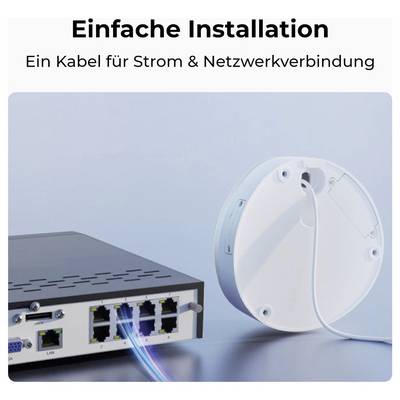 Boîtier réseau avec ports Ethernet et prise murale, étiqueté « Installation simple » et « Un câble pour l'alimentation et la connexion réseau »