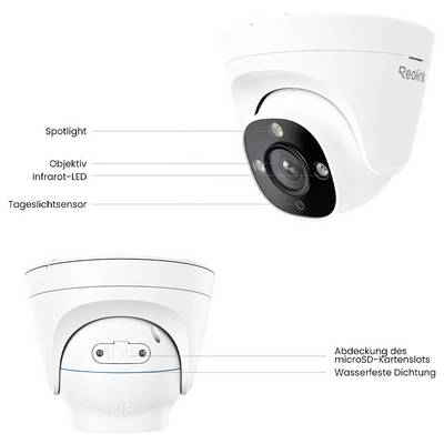 Caméra de sécurité Reolink annotée montrant l'avant et l'arrière, avec étiquettes désignant le projecteur, l'objectif, la LED infrarouge, le capteur de lumière du jour, le couvercle de l'emplacement microSD et le joint d'étanchéité.