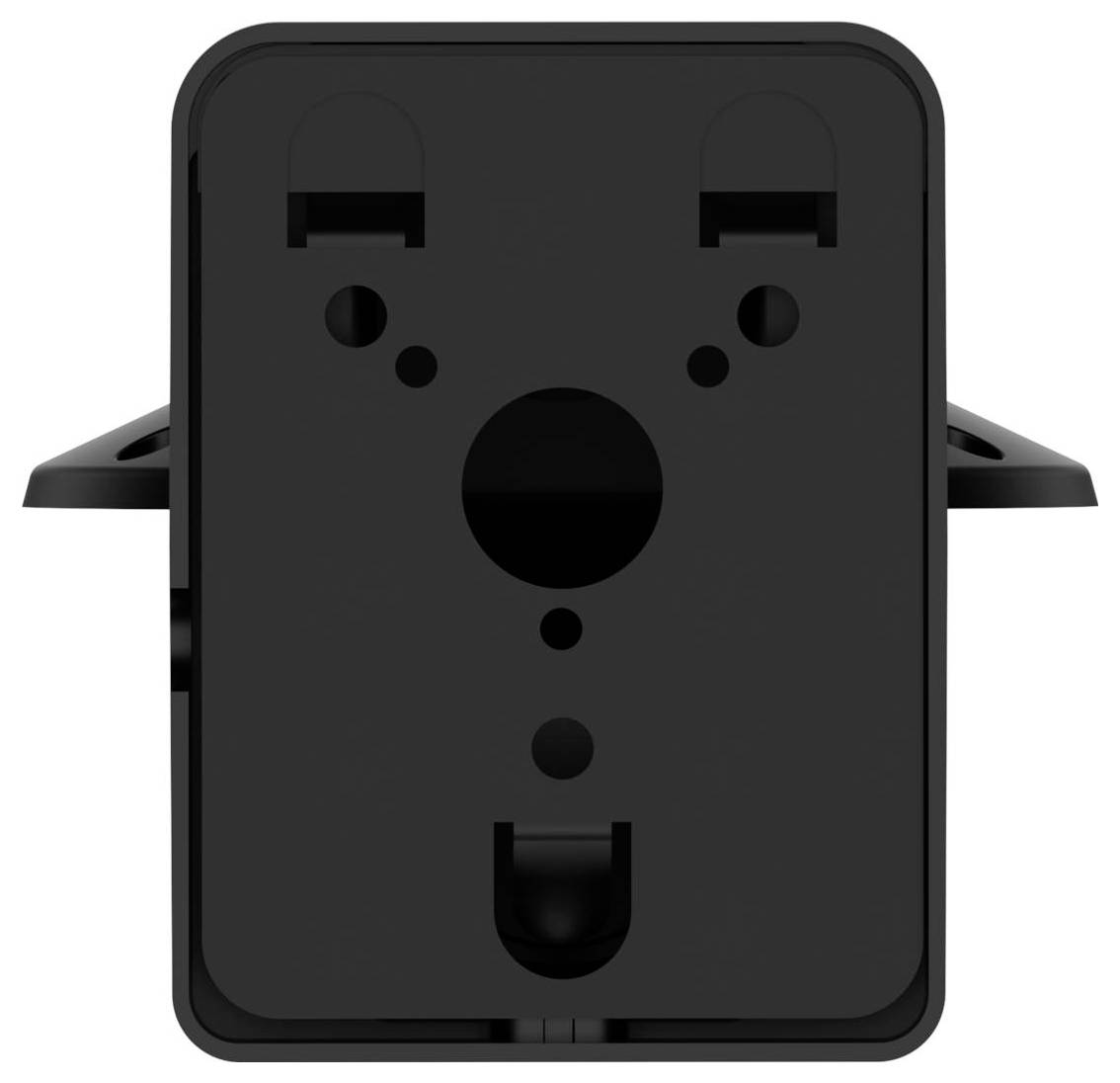 Vue de face d'une plaque de prise ou connecteur électrique noir avec plusieurs ouvertures de douilles et des languettes de montage latérales sur un fond blanc.