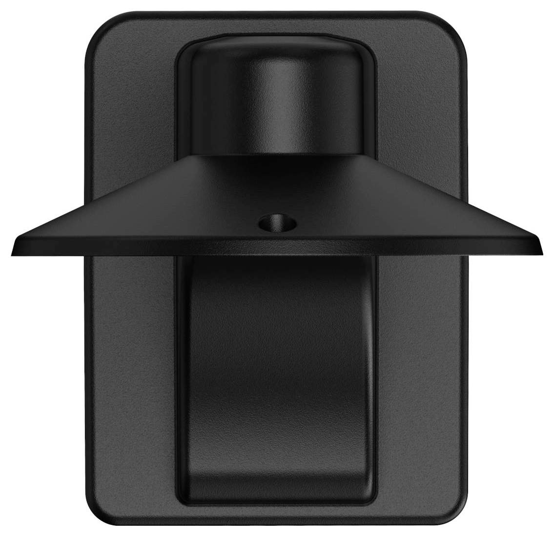 Couvre-aération rectangulaire noir fixé au mur ou plaque de sortie avec ouverture à capuchon centré et volet saillant en forme d'étagère.