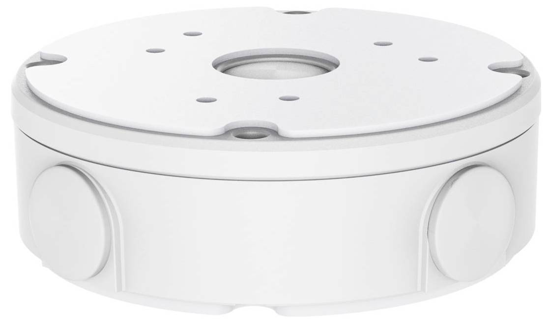 Boîte de jonction de plafond circulaire blanche ou base de montage avec une ouverture centrale et plusieurs passages de sortie latéraux, présentée sur un fond uni.