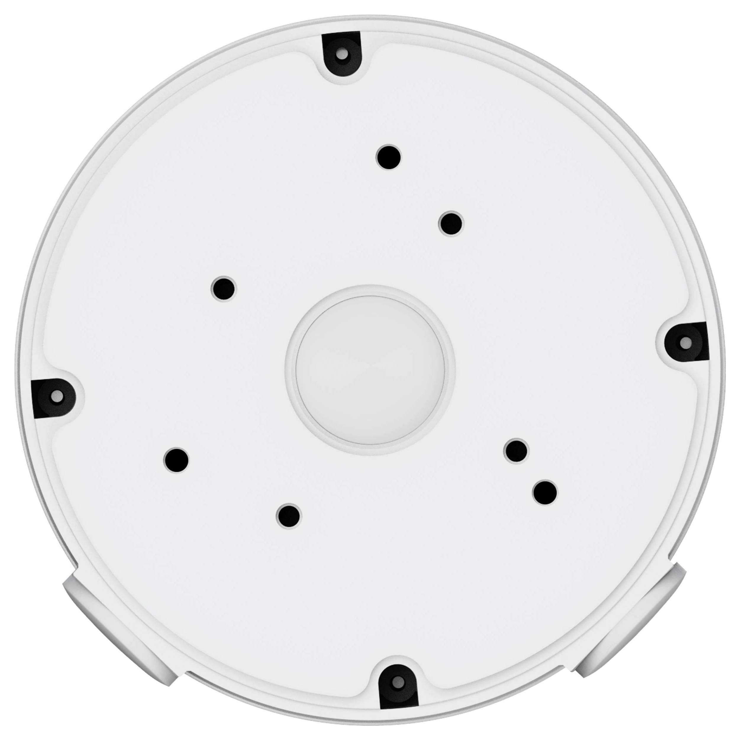 Vue de dessus d'un détecteur de fumée blanc rond fixé au plafond avec un capteur central et des trous de ventilation.