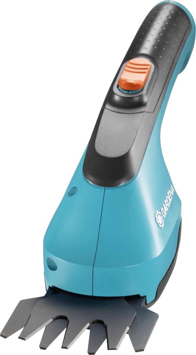 Cisaille à gazon sans fil avec corps turquoise, poignée noire et bouton d'alimentation orange, présentée sur un fond blanc.