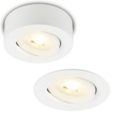 Deux projecteurs de plafond encastrés blancs, l'un rond et l'autre cylindrique, affichés allumés sur un fond blanc.