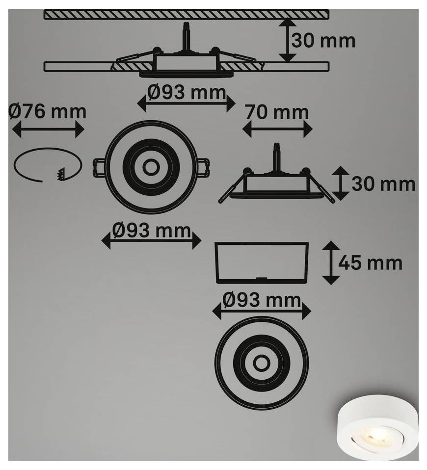 Schéma dimensionnel d'un luminaire encastré au plafond, montrant la profondeur d'installation de 30 mm, le diamètre de découpe de 76 mm, le diamètre extérieur de 93 mm, et la hauteur de 45 mm avec vues de dessus et de côté.