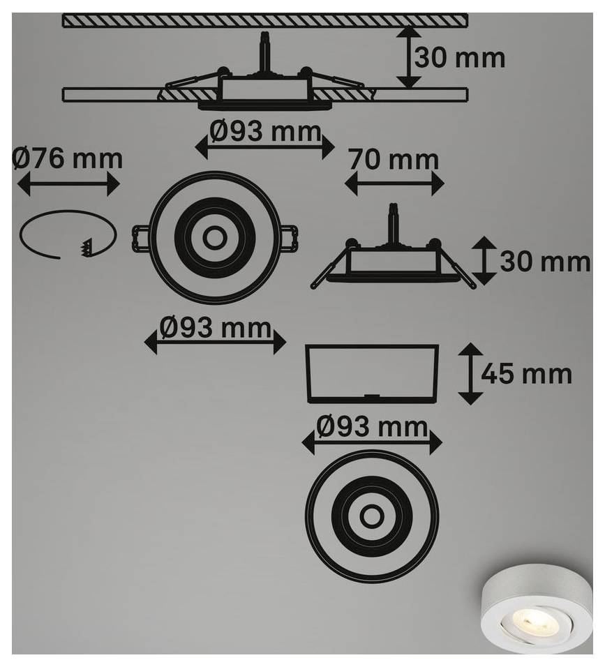 Schéma technique montrant un luminaire de plafond encastré avec dimensions : diamètre 93 mm, profondeur 30 mm, hauteur 45 mm, et mesures d'espacement 76 mm/70 mm.