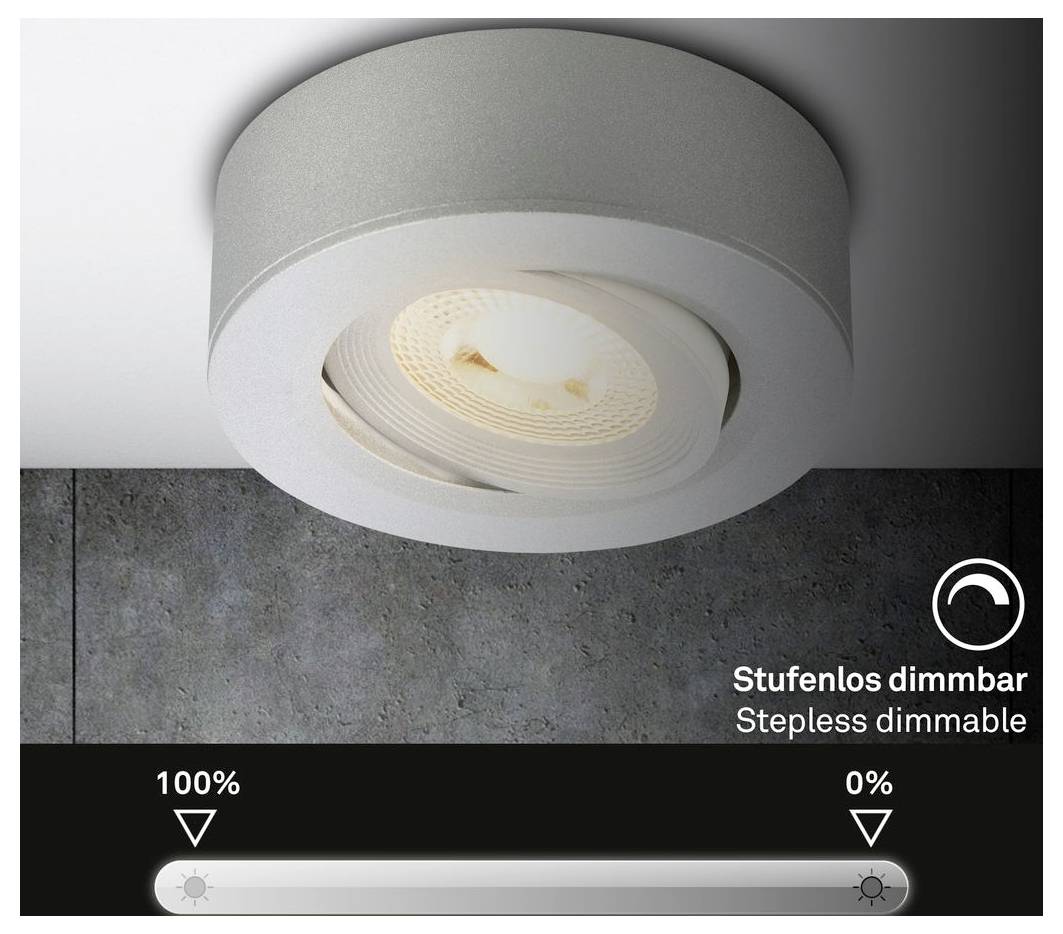 Image de produit d'un luminaire encastré au plafond avec un curseur gradateur étiqueté « Dimmable sans paliers / Gradation sans paliers » affichant la luminosité de 100 % à 0 %.