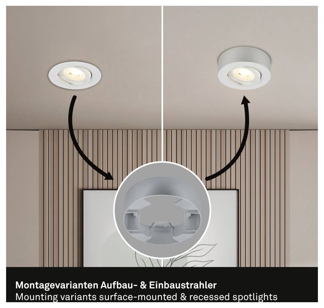 Diagramme montrant qu'un projecteur peut être installé en encastré ou en saillie, avec des flèches et une légende « Variantes de montage projecteurs en saillie et encastrés ».