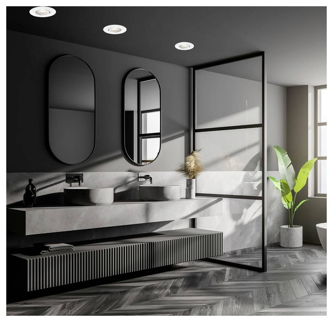Chambre moderne éclairée par un projecteur de plafond ; le texte superposé indique « 38° Abstrahlwinkel » et « 38° angle de faisceau ».