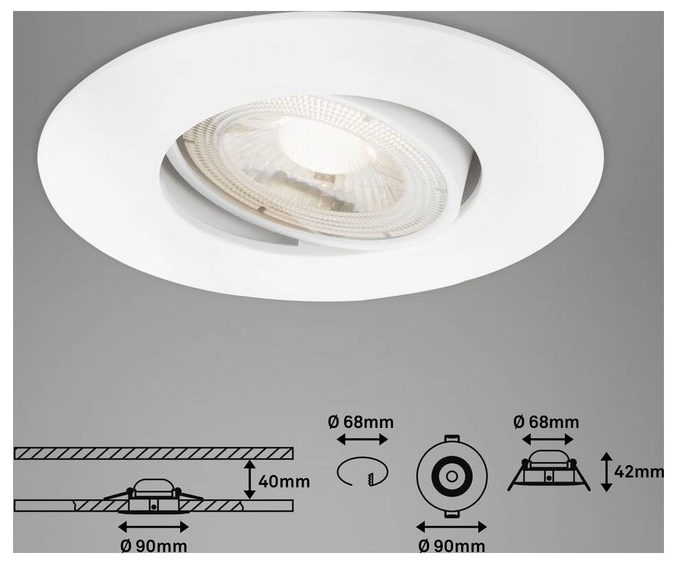 Projecteur de plafond blanc encastré présenté avec les dimensions d'installation : découpe de 90 mm, ouverture lumineuse de 68 mm, profondeur de 40 mm, hauteur de 42 mm.