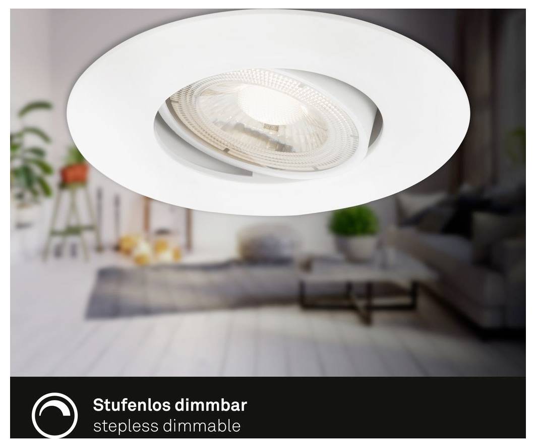 Projecteur de plafond encastré blanc dans un salon flou, étiqueté « Stufenlos dimmbar » et « gradation sans échelon » pour montrer la luminosité réglable.