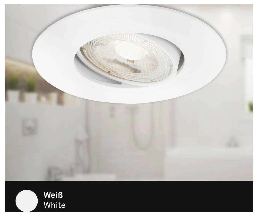 Plafonnier encastré blanc avec anneau de finition blanc, présenté dans un contexte de salle de bain ; étiqueté « Weiß / White » en bas.