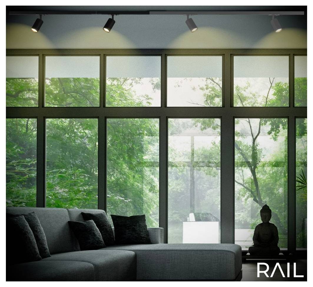Luminaire de plafond blanc avec rail de quatre projecteurs orientables montés en rangée.