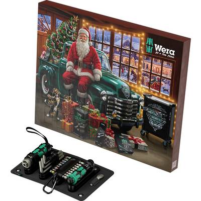 Emballage de coffret cadeau Wera montrant le Père Noël assis sur un camion vintage vert avec des guirlandes lumineuses de Noël et des outils exposés dans un étui ci-dessous.