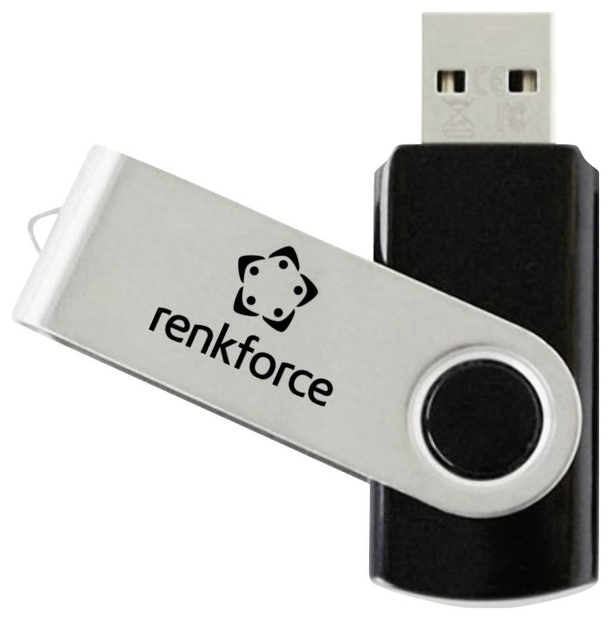 Clé USB Renkforce argentée et noire, inclinée devant un connecteur USB noir.