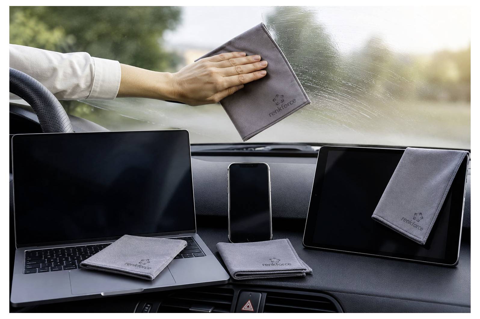 Nettoyage manuel d'un pare-brise automobile avec un chiffon tandis qu'un ordinateur portable, un téléphone, une tablette et des lingettes sont posés sur le tableau de bord.