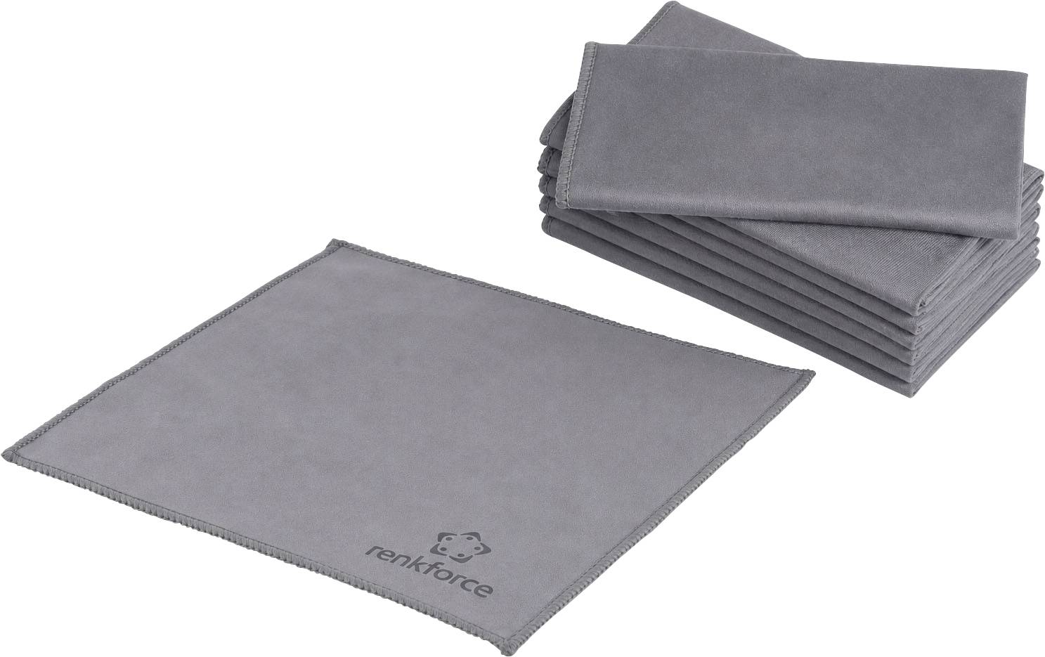 Chiffons de nettoyage en microfibre gris, l'un déplié et l'autre empilé, avec le logo « renkforce » sur le chiffon avant.