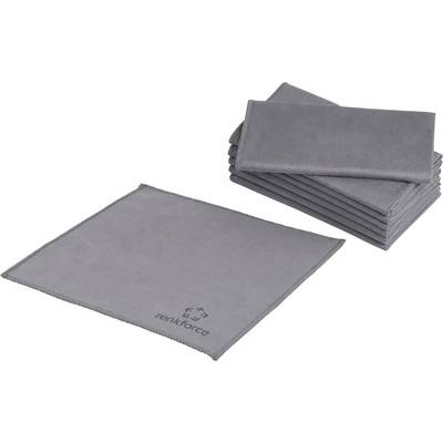 Chiffons de nettoyage en microfibre gris, l'un déplié et l'autre empilé, avec le logo « renkforce » sur le chiffon avant.