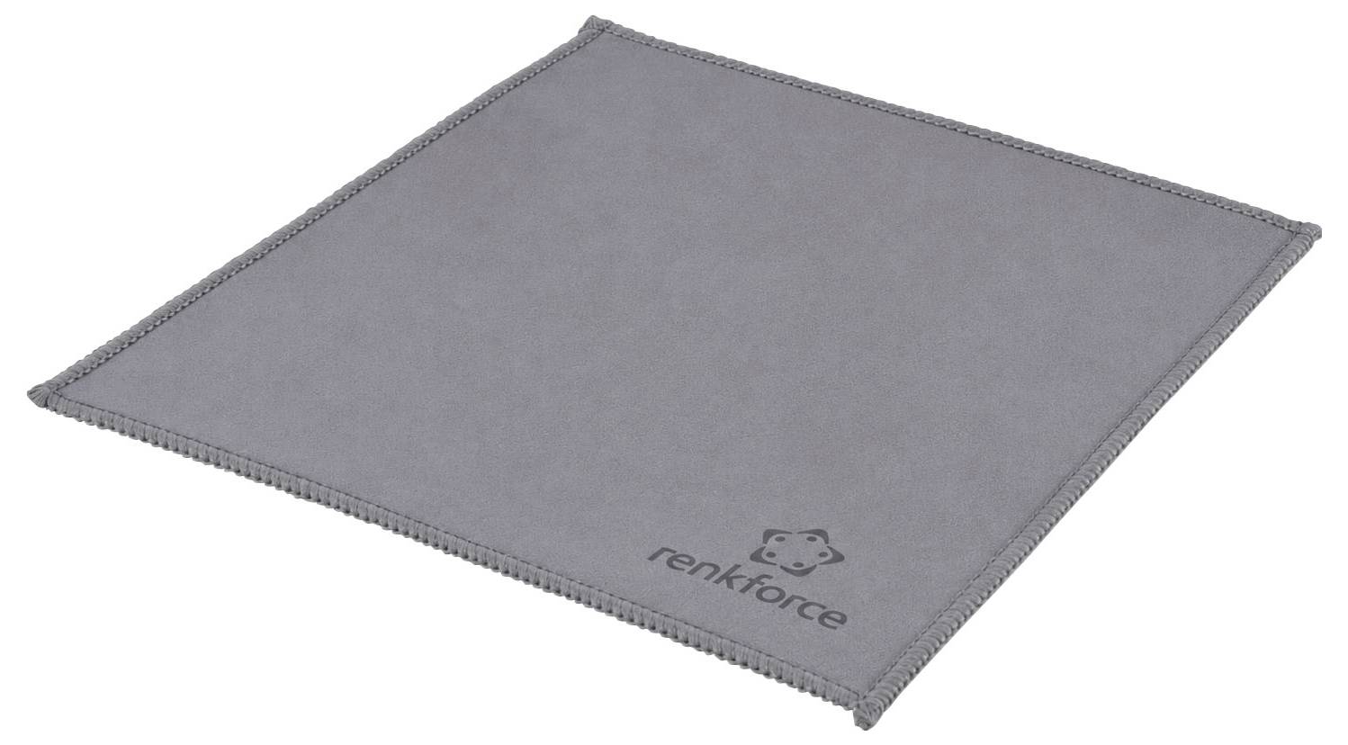 Chiffon de nettoyage gris en microfibre avec bords cousus et logo « renkforce » dans un coin, présenté sur un fond blanc.