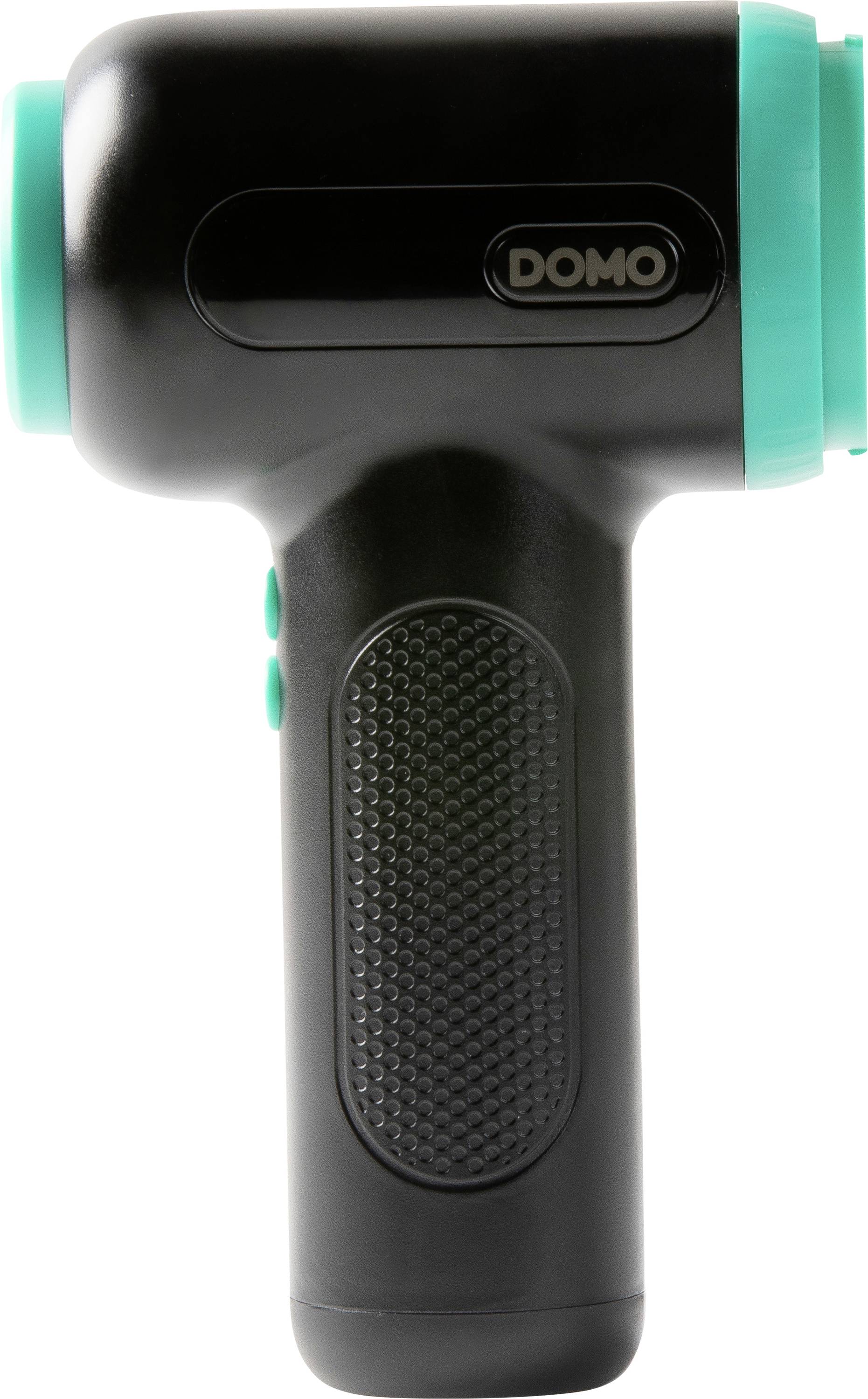 Pistolet de massage portable DOMO noir avec des accents turquoise, présenté sur un fond blanc