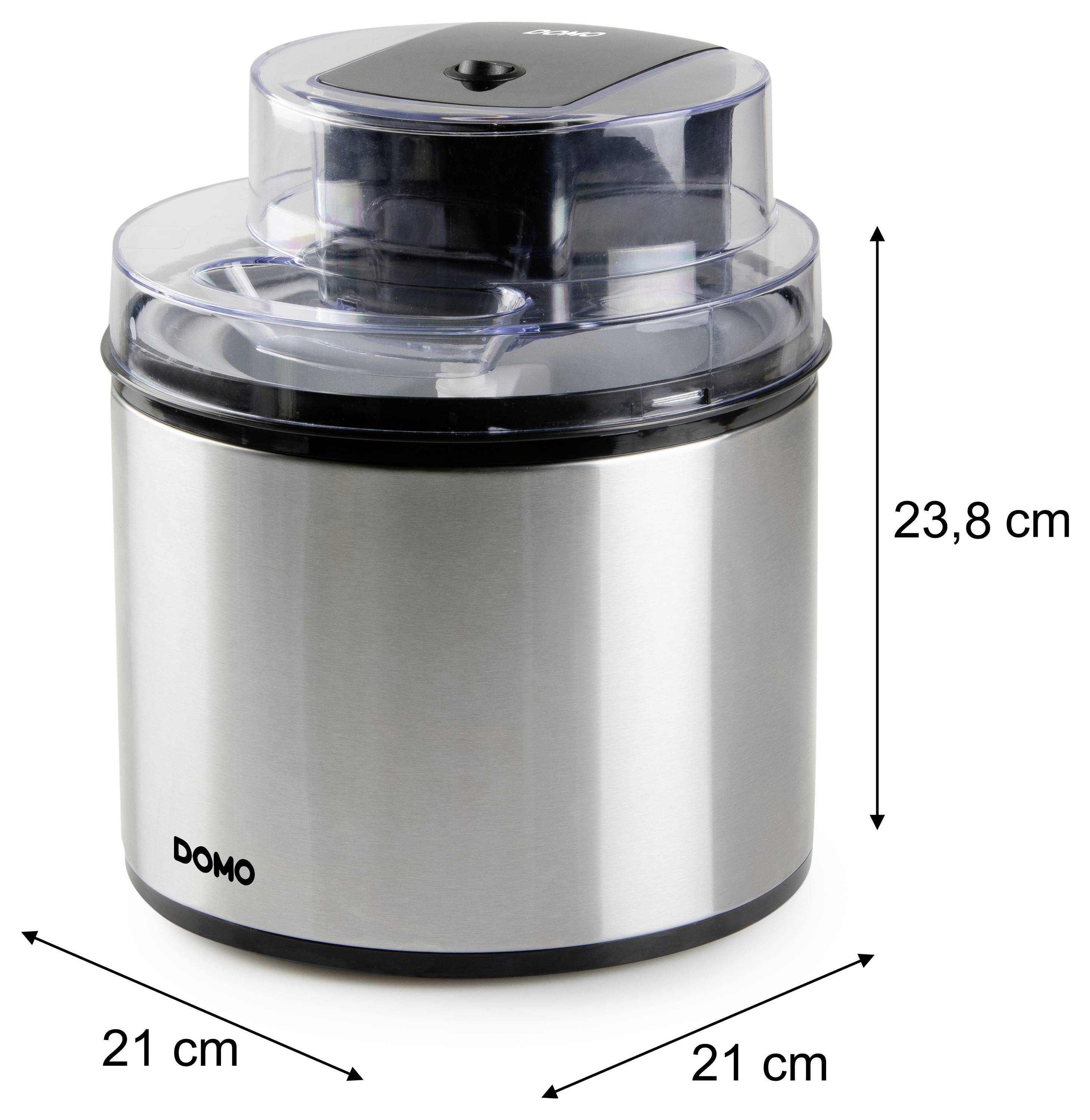 Appareil de cuisine Silver Domo avec couvercle transparent, montré avec les dimensions de 23,8 cm de hauteur et 21 cm de largeur/profondeur.