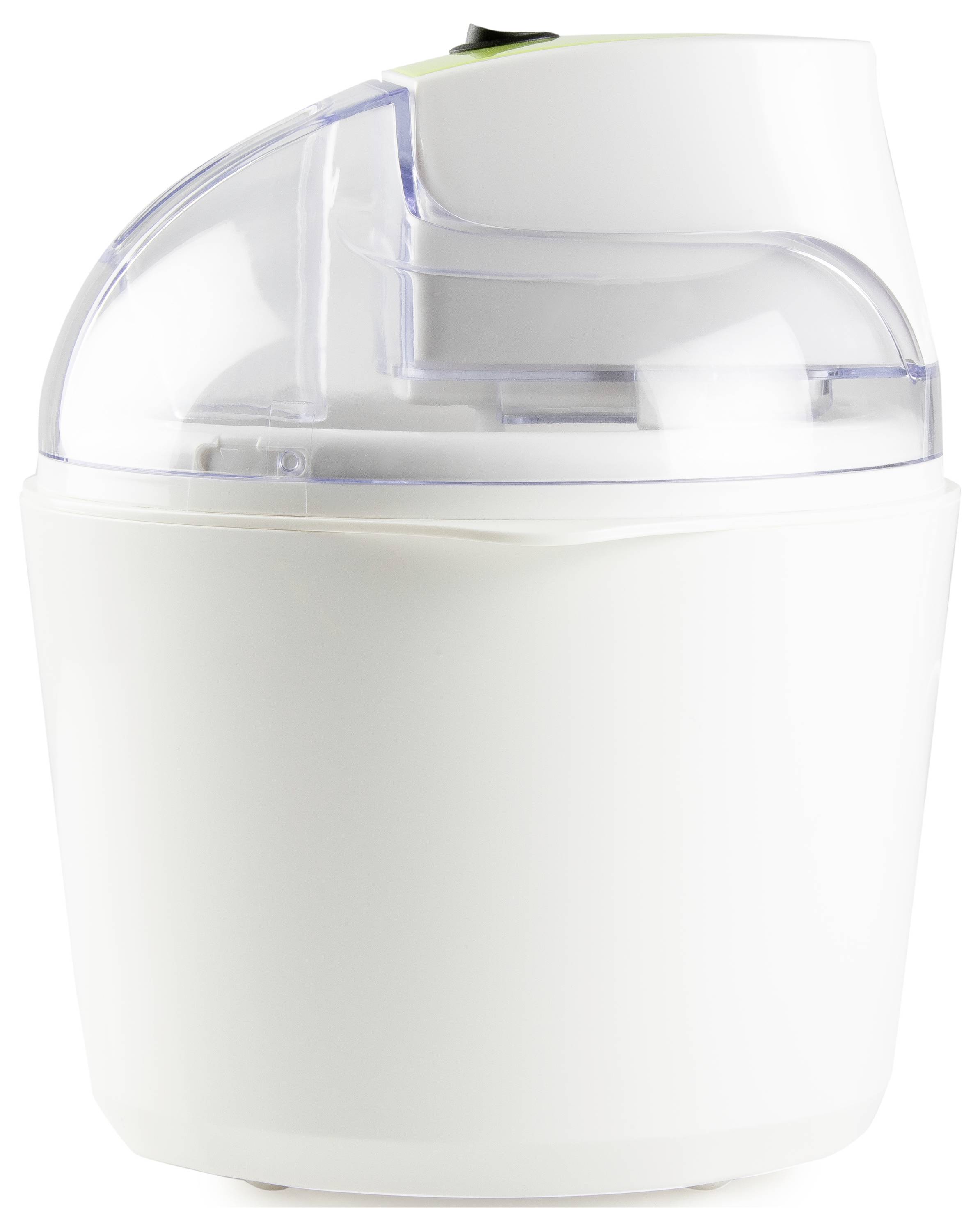 Fabricant de glaçons blanc pour comptoir avec couvercle supérieur transparent et compartiment d'eau/glaçons transparent, présenté sur un fond uni.