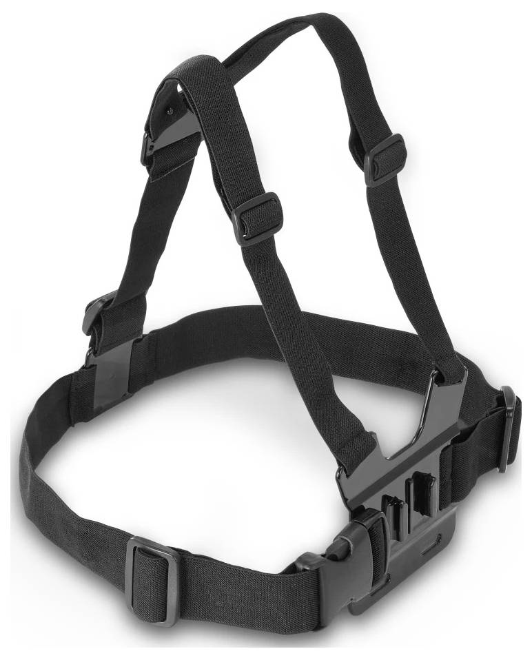 Harnais d'épaule réglable en nylon noir avec sangle de taille et boucles en plastique, utilisé pour sécuriser un appareil photo ou un appareil.