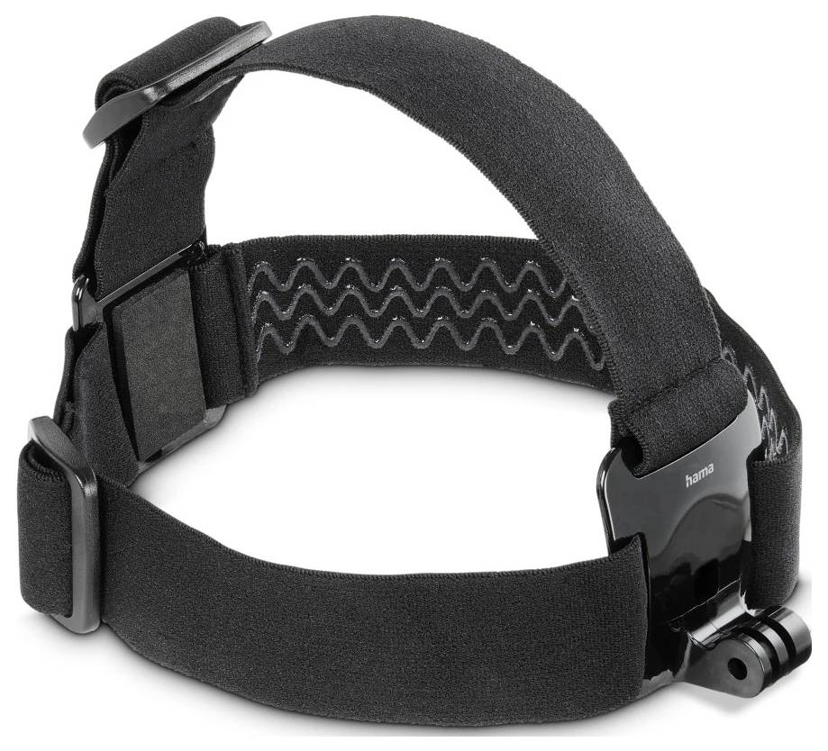 Lampe frontale réglable noire avec sangle de tête, bande rembourrée et boucle, présentée sur fond blanc.