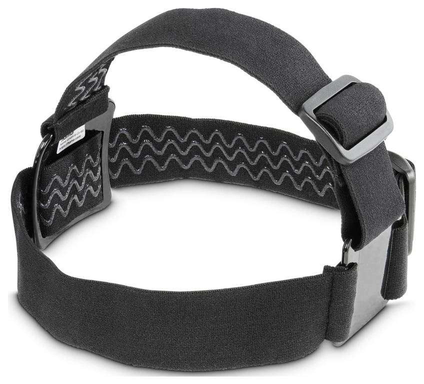Sangle de tête rembourrée noire ajustable avec fermetures autoagrippantes et boucle latérale, présentée sur fond blanc.