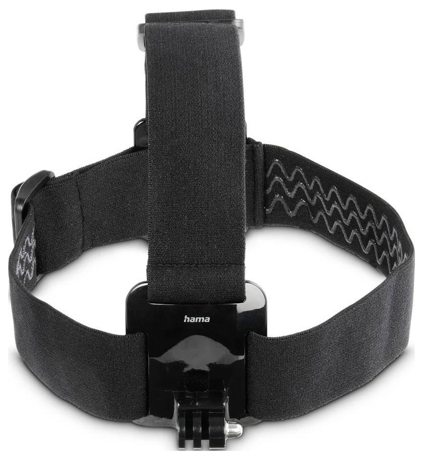 Sangle de fixation à tête ajustable noire avec pince centrale, présentée sur un fond blanc.