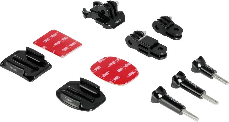 Assortiment de clips de montage noirs et de pastilles adhésives rouges avec vis, présentés comme un kit de produit sur fond blanc.